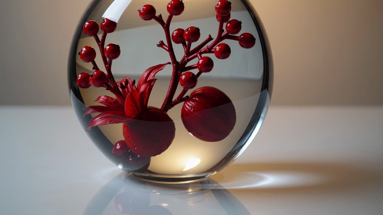 Light illuminates red flower and berries floating in a glass vase placed on a white reflective surface, creating a visually appealing centerpiece
