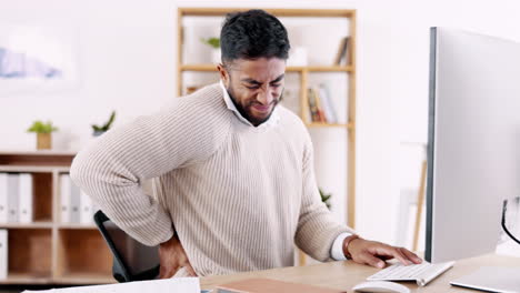 back pain, business man and injury in office