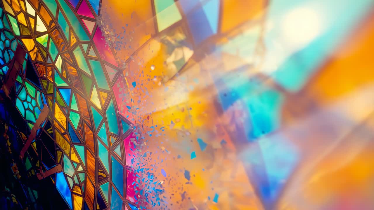 Drifting colored shards from stained glass mosaic into glowing haze in kaleidoscope, copy space