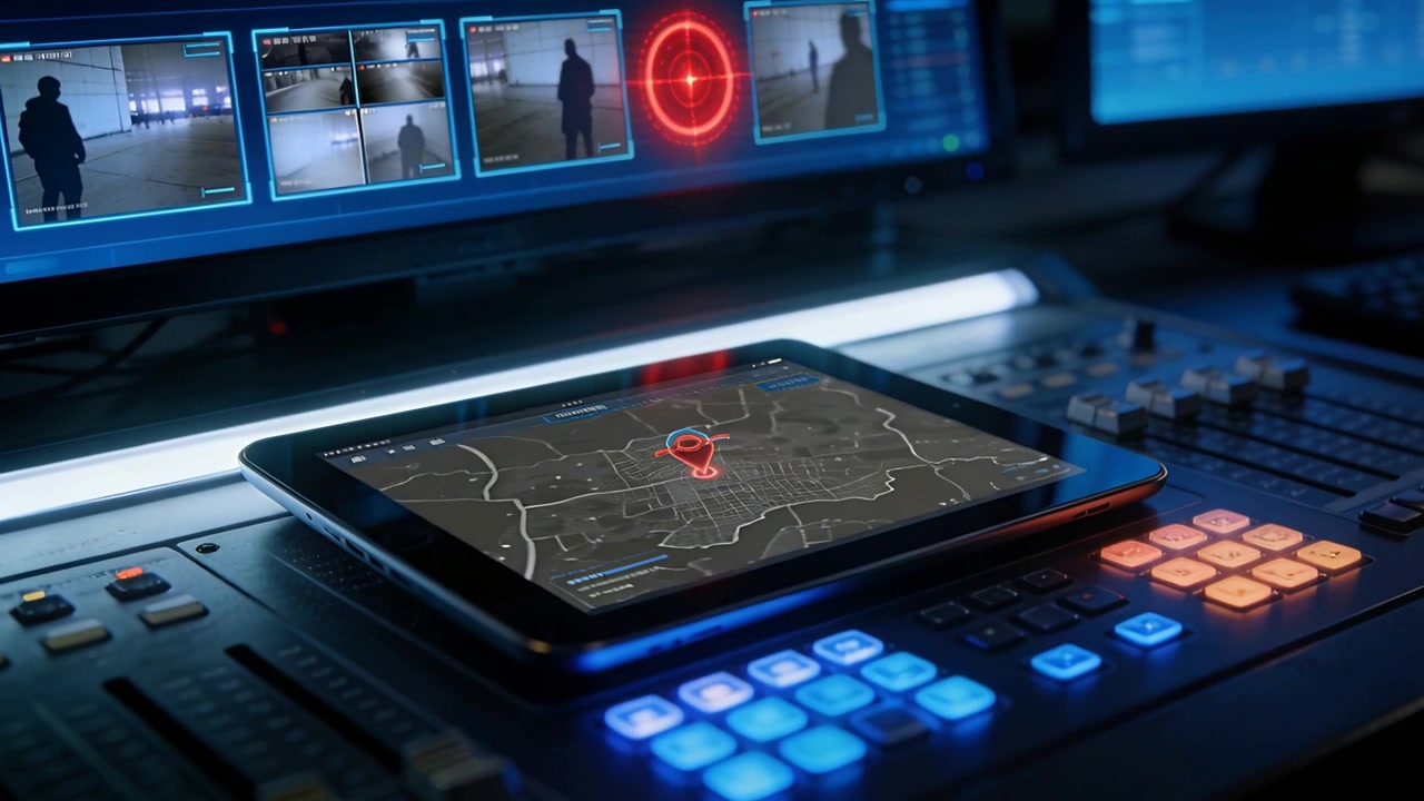 Receiving tracking update tablet showing moving marker and zooming map in ops room, tracking target