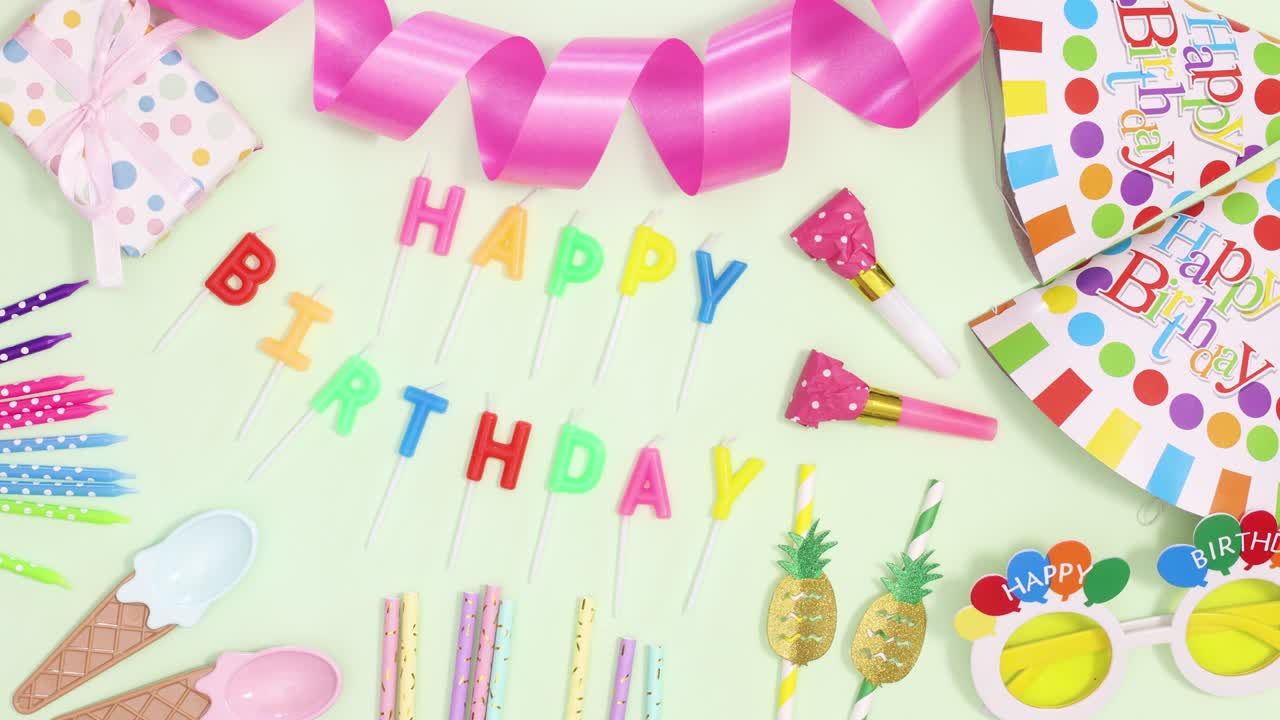 Happy birthday party decoration move on green theme. Stop motion