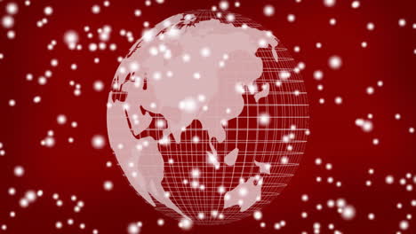 globe with grid lines and snowflakes animation on red background