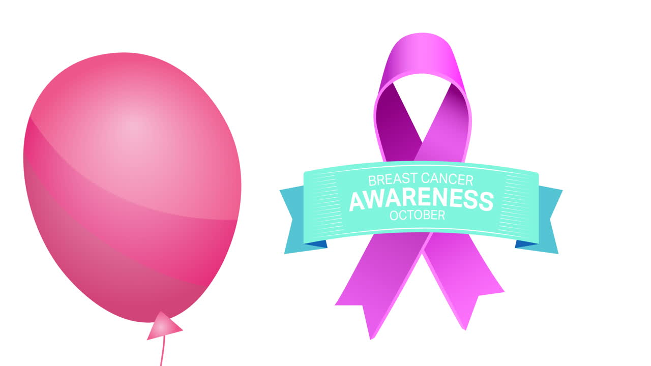 분홍색 리본 로고와 유방암 텍스트 위에 날아다니는 분홍색 풍선의 애니메이션