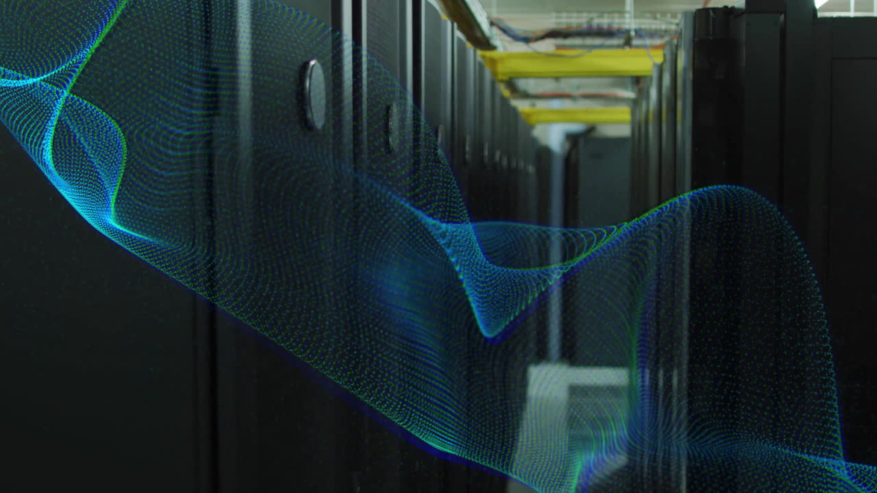 Animation of blue network wave moving over dark computer server room