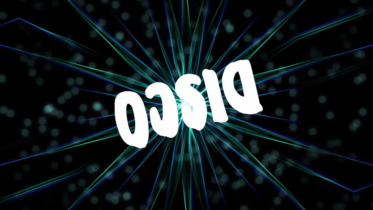 Disco advertisement banner with rotating inscription on background with multicolored rays and blurry bokeh lights, laser show footage