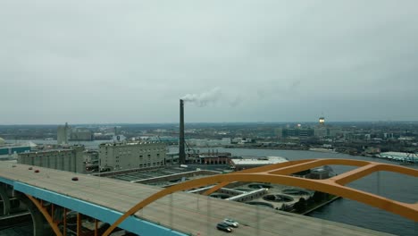 sliding aerial of the daniel hoan memorial bridge on interstate 794 in milwaukee wisconsin