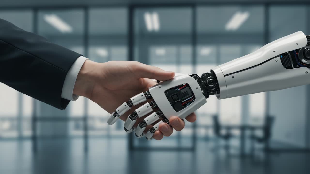 A Human and a Robot Engage in a Symbolic Handshake, Representing Cooperation and Understanding Between Humanity and Advanced Technology in a Modern Workspace Setting