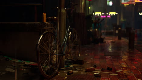 bike parked next to trash can on rainy night in asian city