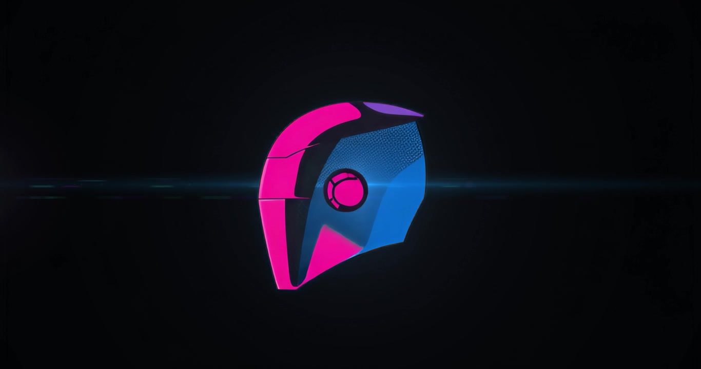 Upon animation start 3D helmet rotating to showcase magenta cyan details with neon light streak