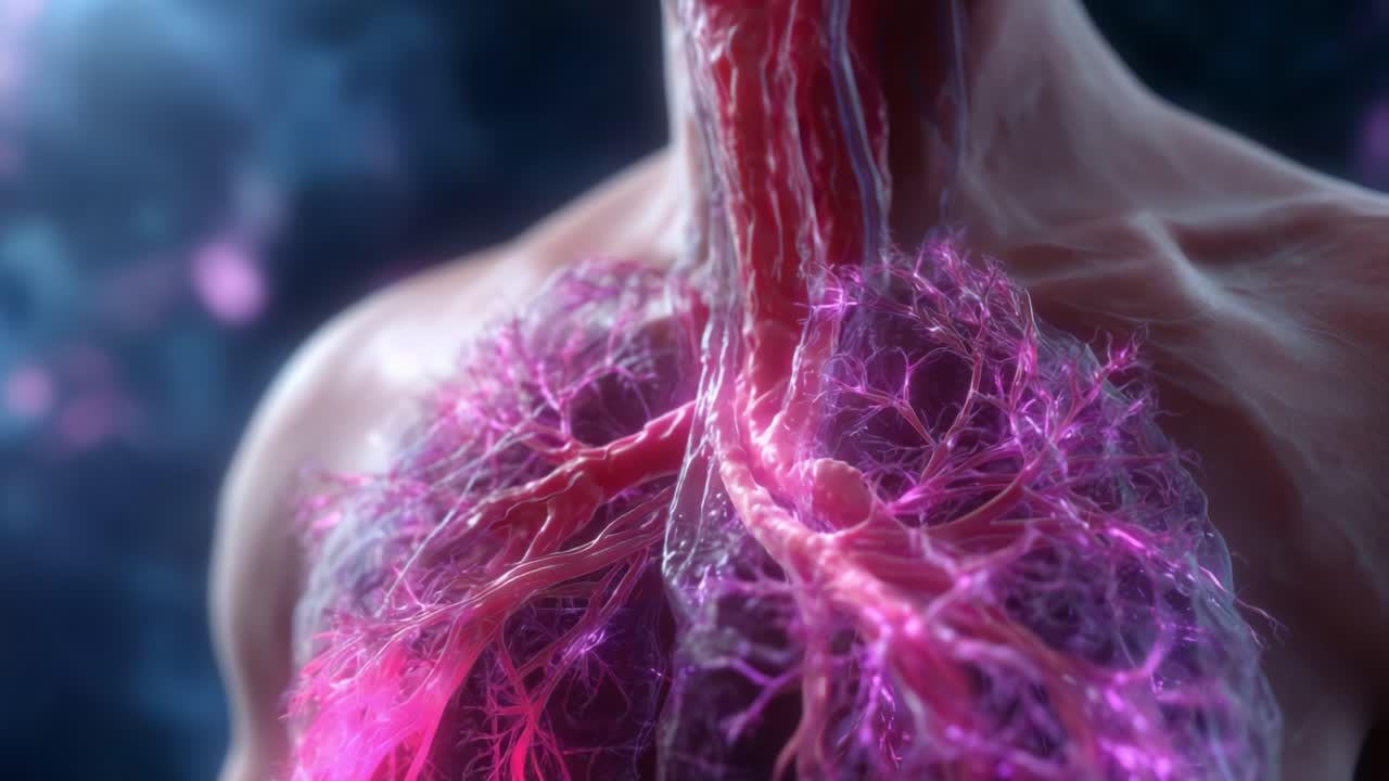 A Close-Up View of Human Lungs and Vascular Structure, Highlighting Intricate Details of Blood Vessels and Airway Pathways in a Vividly Rendered Biological Visualization