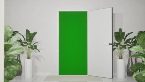 animación de apertura de la puerta en una habitación blanca clara, pantalla verde llave de croma