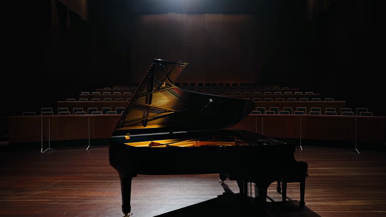 Solo Grand Piano On Stage, Empty Auditorium With Spotlight Highlighting Polished Lid And Strings, Wooden Floor