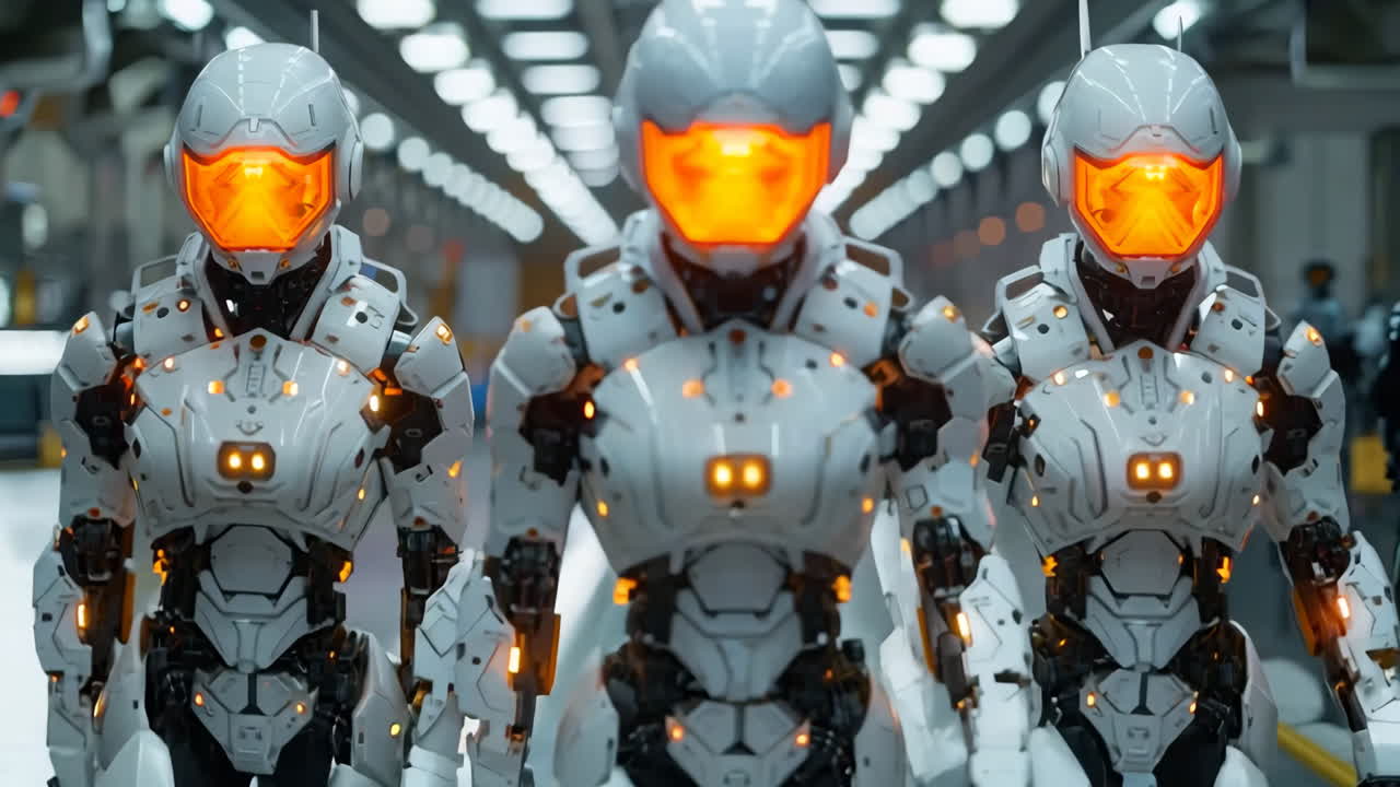 Three robots in white uniforms stand in a hallway. The robots are wearing helmets and have glowing lights on their bodies.