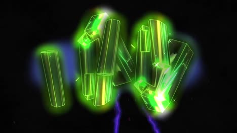 animation of glowing purple electric currents with green metallic rods floating on black background