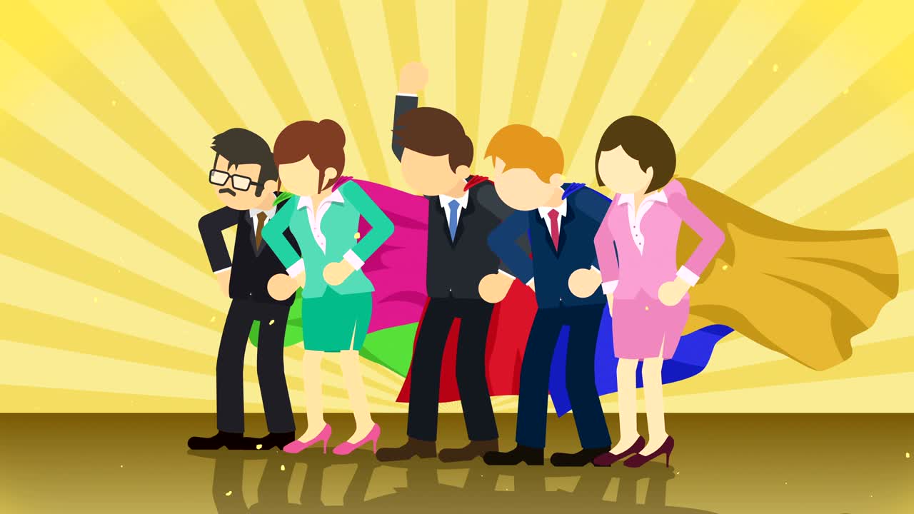 los superhéroes de pie en el fondo de la explosión solar. fondo de rayos de sol. concepto de equipo de negocios. animación de bucle cómico.