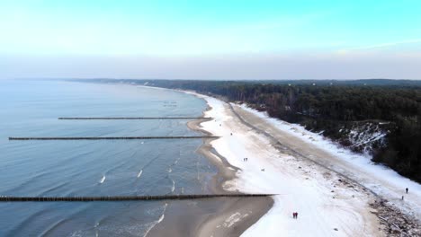 Aerial-shot-of-sandy-beach-in-Ustka-in-winter