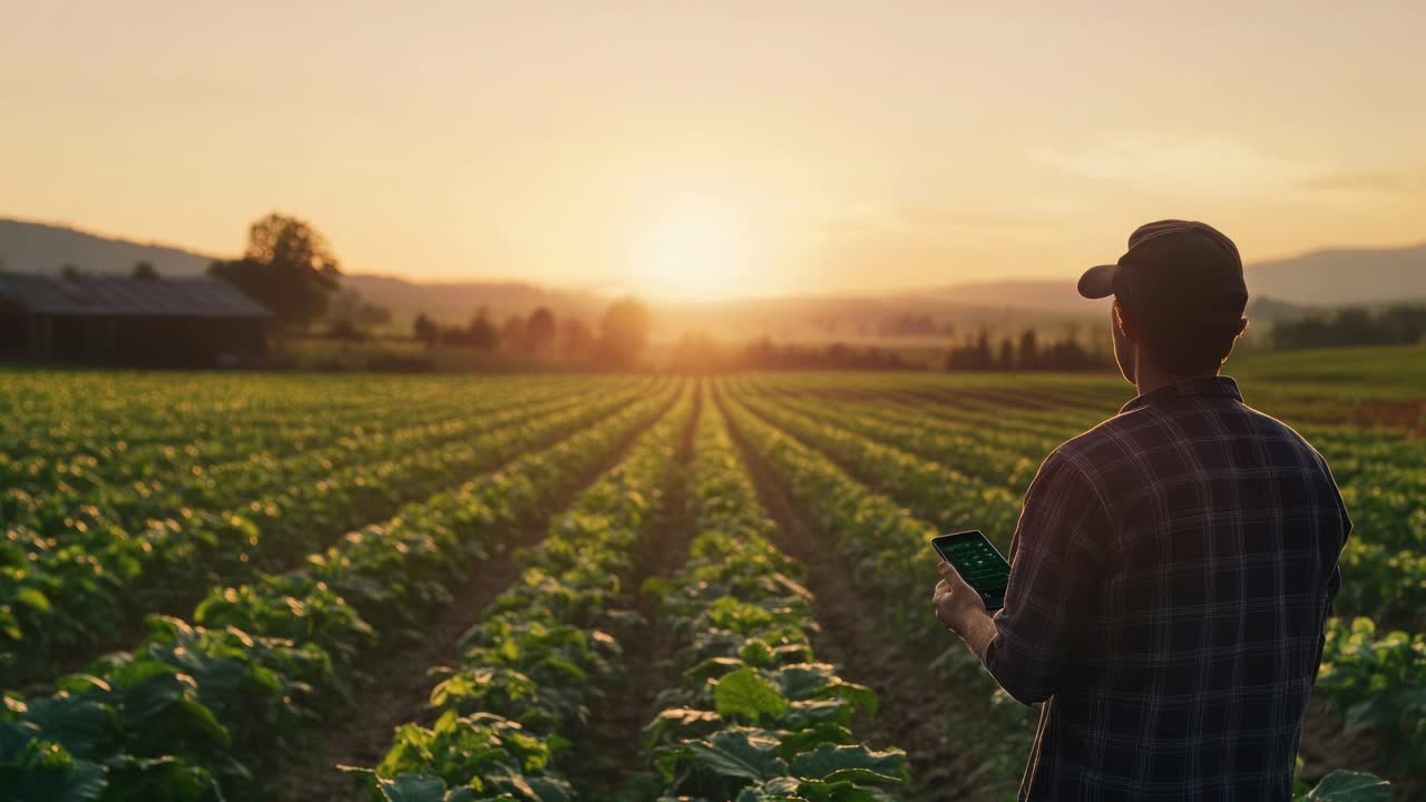 Un agricultor con gorra, visto desde atrás, observa un campo extenso al atardecer mientras sostiene una tablet.