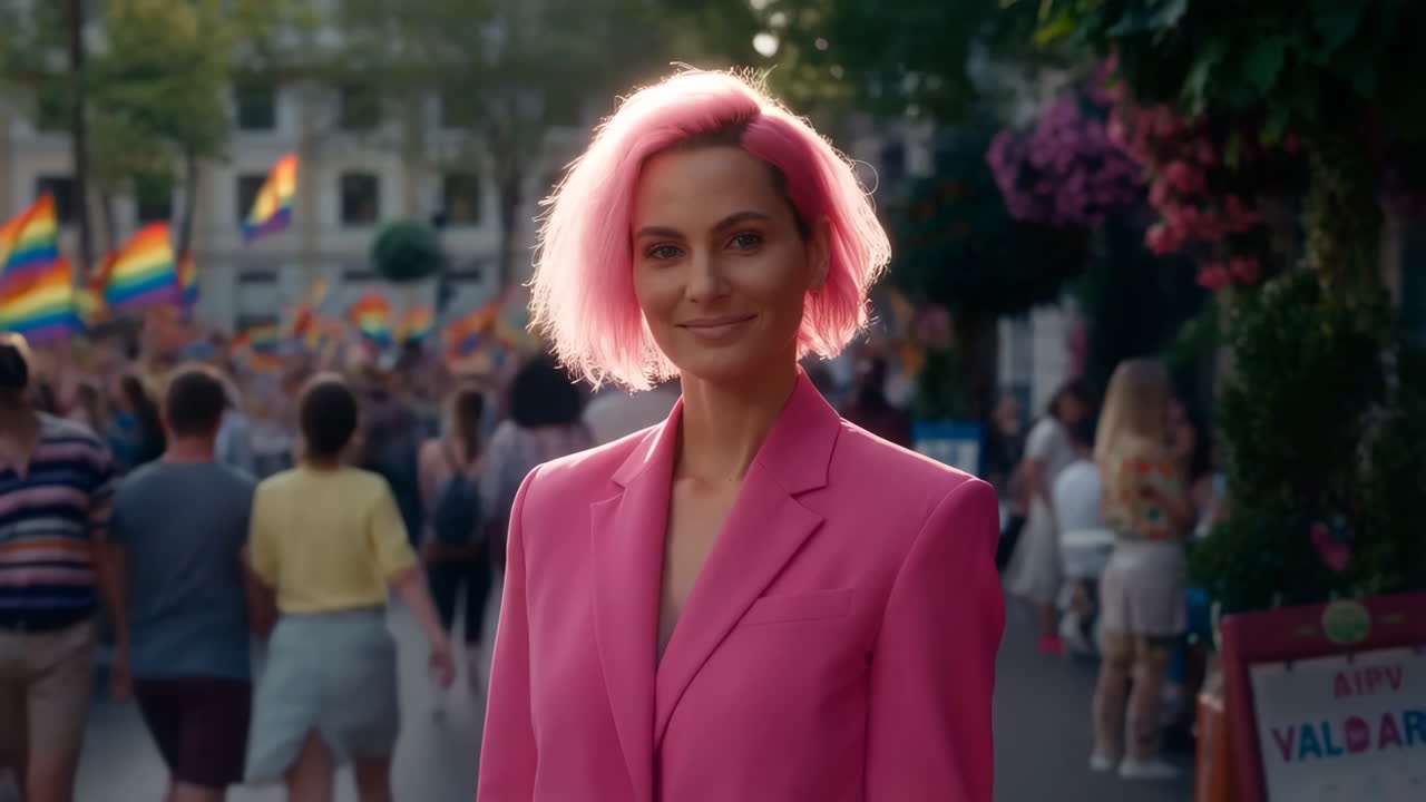 Smiling Woman with Pink Hair at a Pride Parade