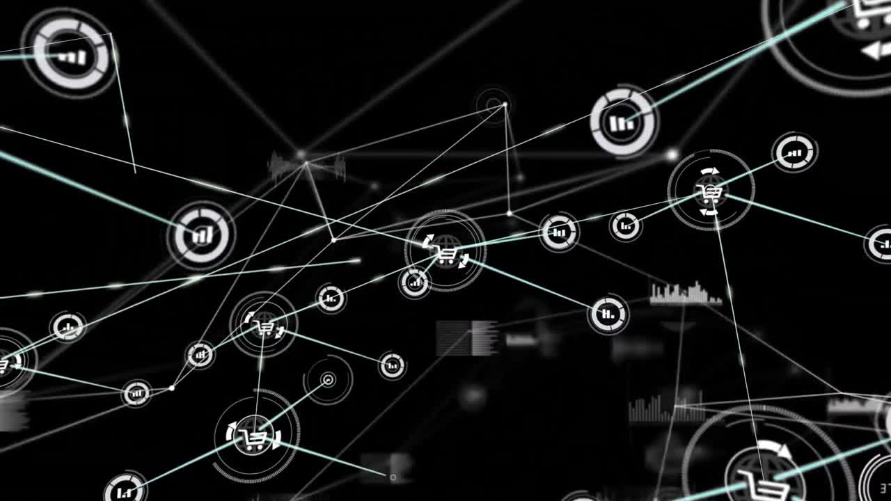 Animation of network of connections with icons and data processing on black background