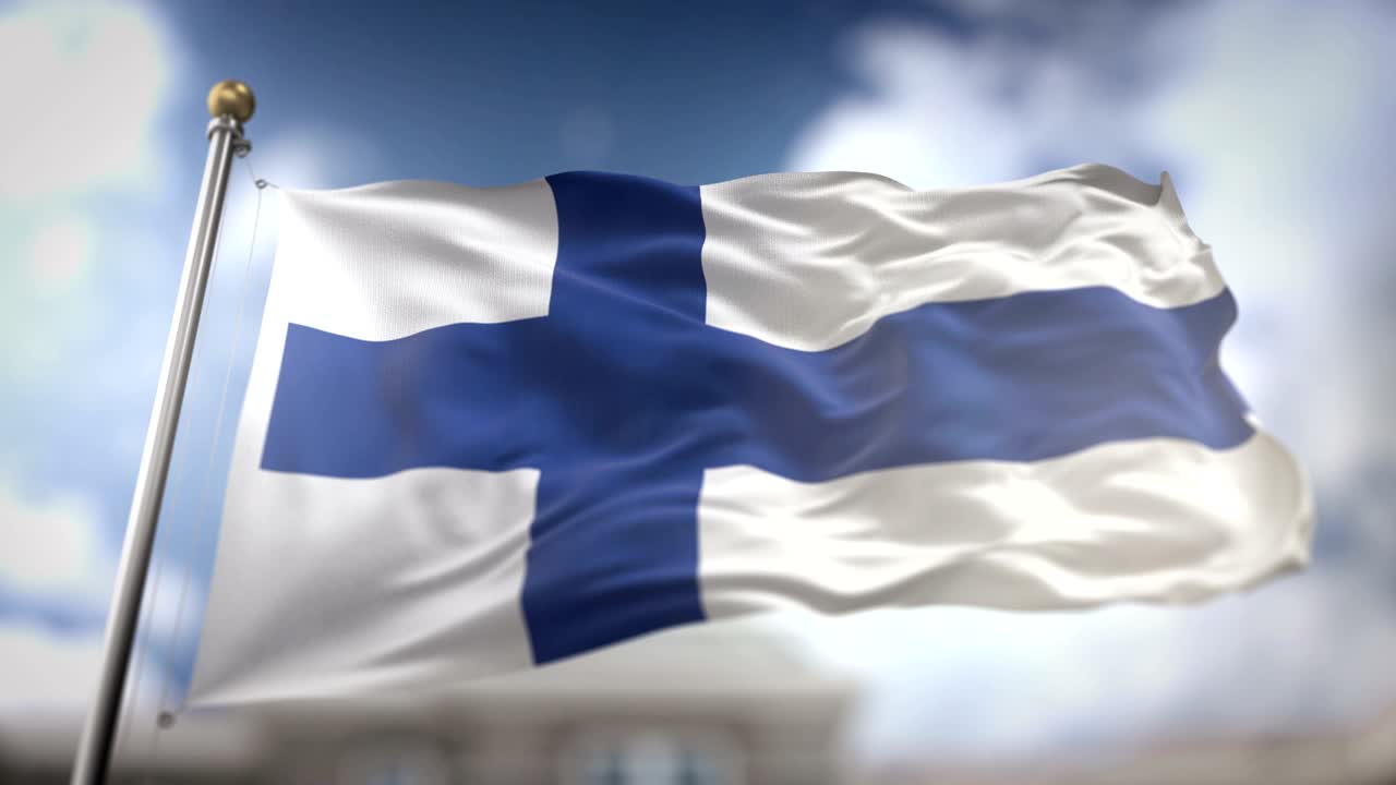 la bandera de finlandia ondeando en cámara lenta 3d con fondo de cielo azul - bucle sin costuras 4k
