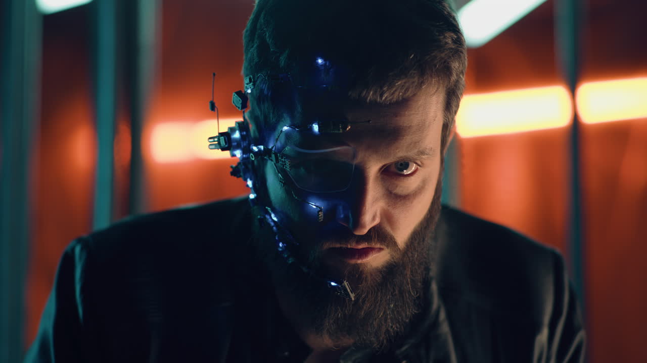 hombre cyberpunk con cara aumentada