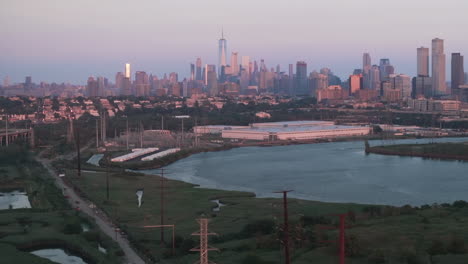 aerial view of new york city at dusk