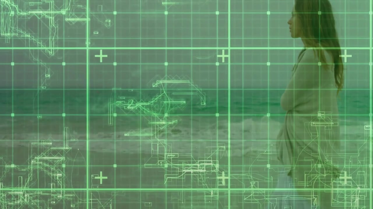Woman walking barefoot along sandy shore carrying tote bag, showcasing tech circuit grid overlay