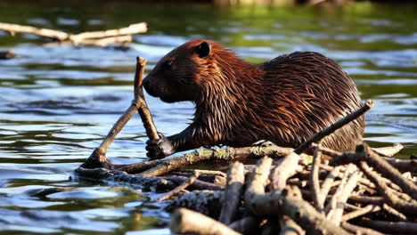 beaver near its lodge in a river