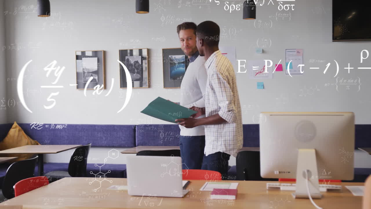 Animation of mathematical equations over diverse colleagues discussing work