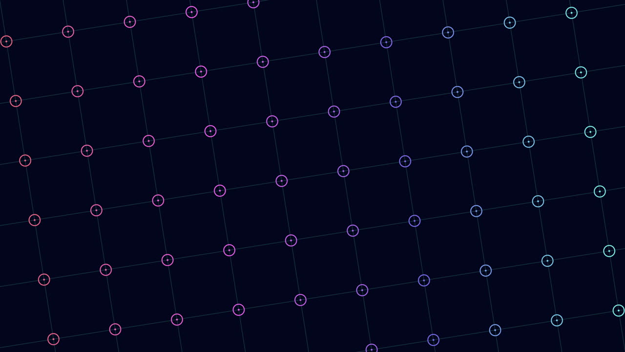 An abstract depiction showing a grid pattern of circles in various shades of blue, purple, and pink on a black background
