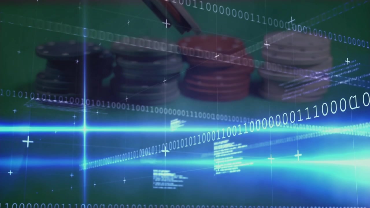 Animation of data processing and binary coding over casino chips