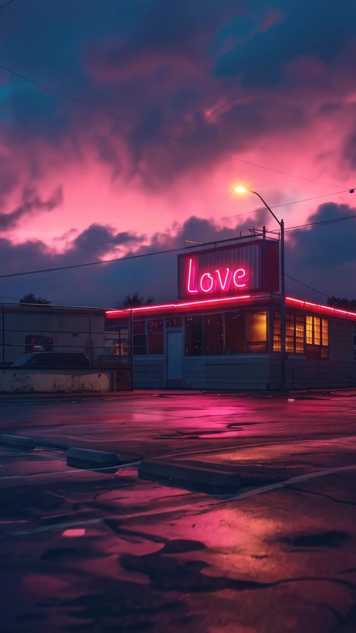 Letreiro de néon 'Love' iluminando uma lanchonete chuvosa ao crepúsculo.