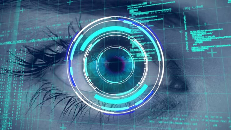 Data processing and neon round scanner scanning over close up of female eye