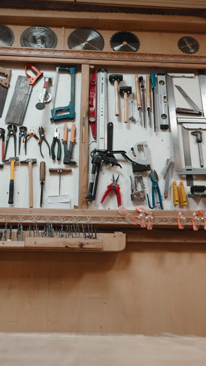 Collection of Various Hand Tools Neatly Organized on a Workshop Wall