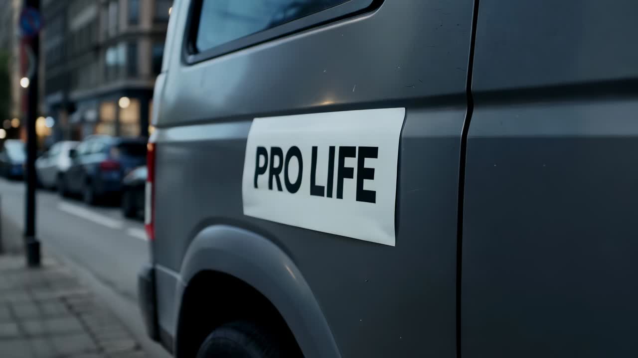 Bevægende kamera, der fokuserer på siden af en grå varevogn ved fortovskanten, og fremhæver et PRO LIFE-klistermærke