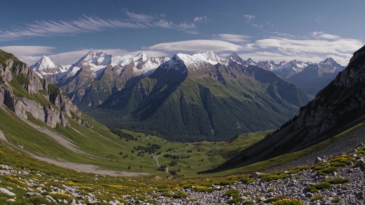 Panoramisch uitzicht op Alpenvallei met besneeuwde bergen
