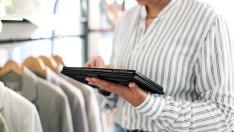 Woman,-tablet-and-hands-for-clothing-rack