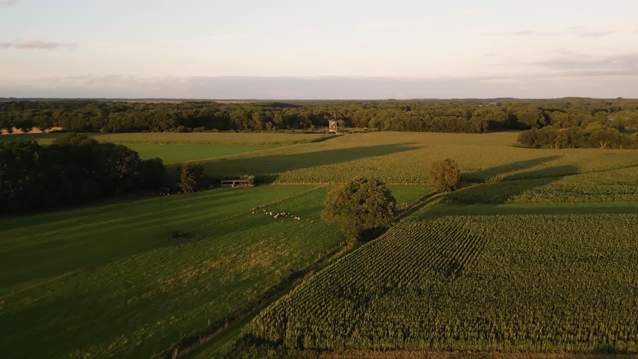 해가 지고 있는 네덜란드 농장 풍경 의 공중 사진