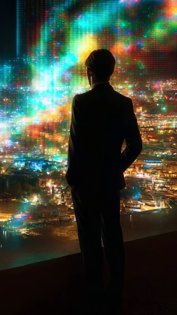 A silhouette stands near a vibrant cityscape at night, illuminated by colorful lights, creating a captivating scene filled with wonder and reflection