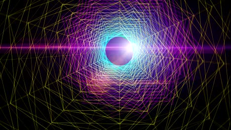 colorful graphic wireframe tunnel moving forward to sun flare animation.