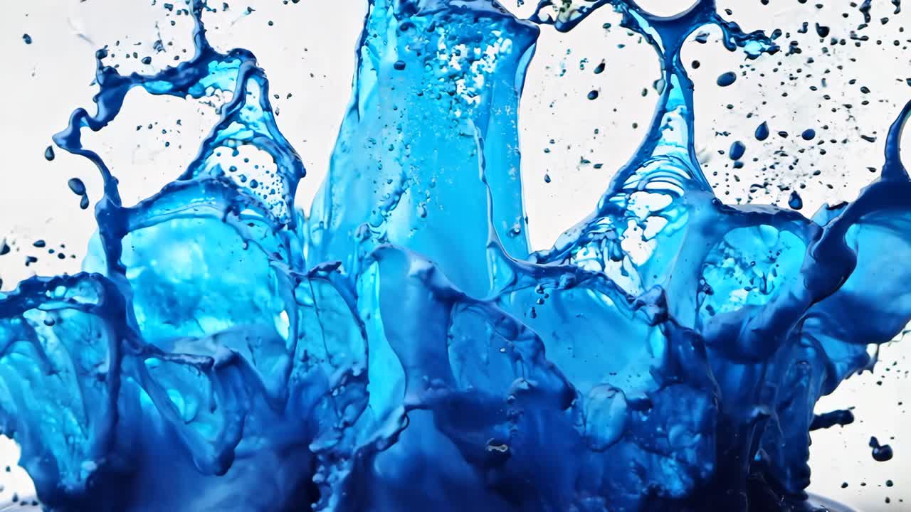 A splash of blue paint on a white background. The splash is large and covers a significant portion of the background. The blue paint appears to be splattered, giving the impression of movement