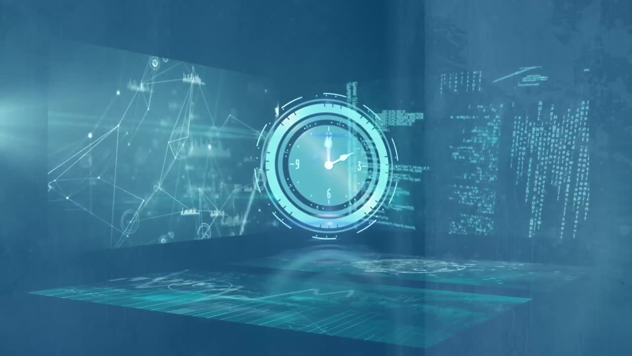 Animation of neon ticking clock over screens with data processing and light spot on blue background