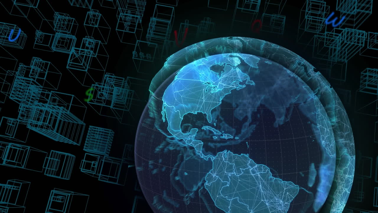 Animation of network of connections and data processing over dark background