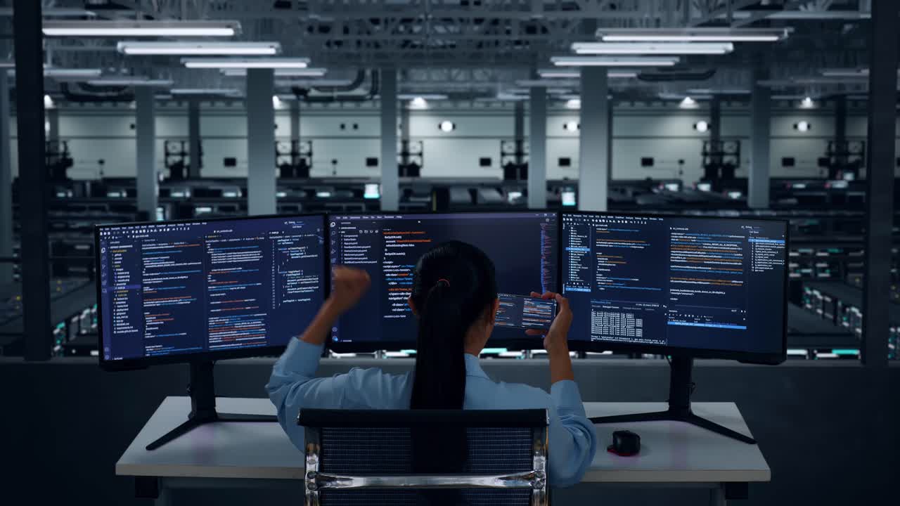Woman Celebrating a Coding Success in a Server Room