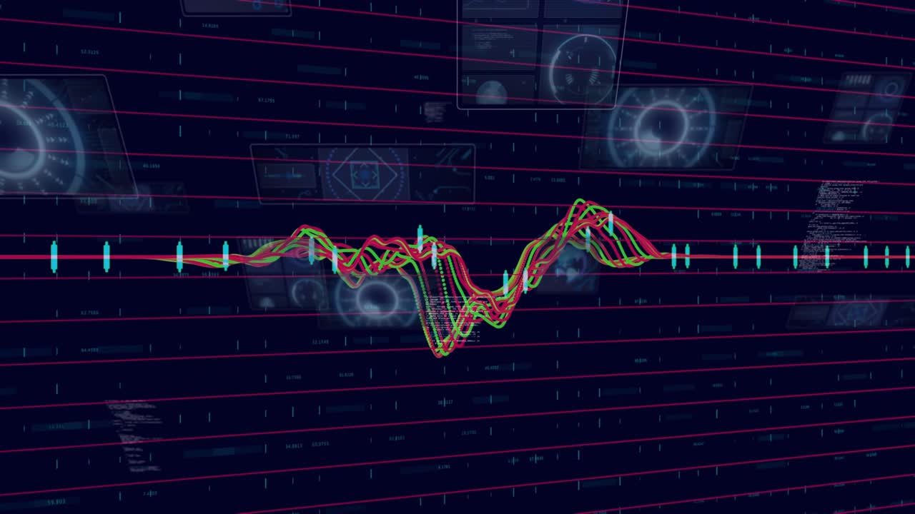 Strands merging driving wave up collapsing left marking cyan visualizing data settling baseline