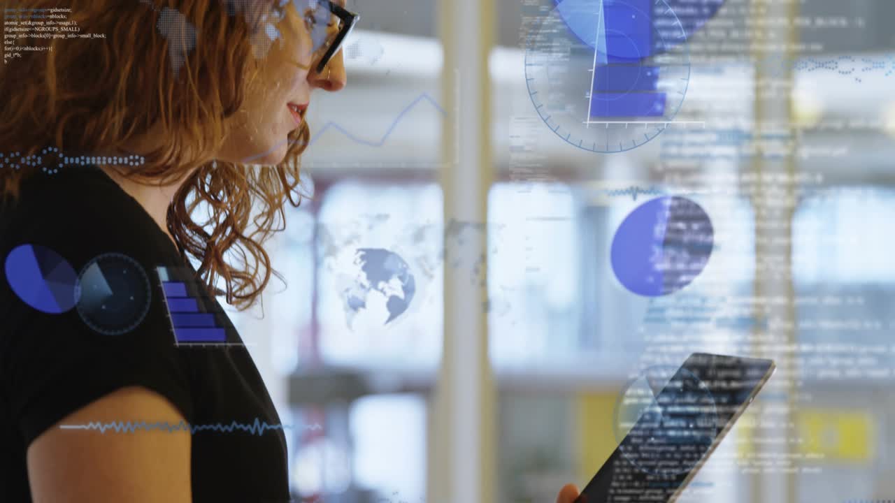 Adult woman tapping tablet in office, creating blue tech charts, reviewing data and donning glasses