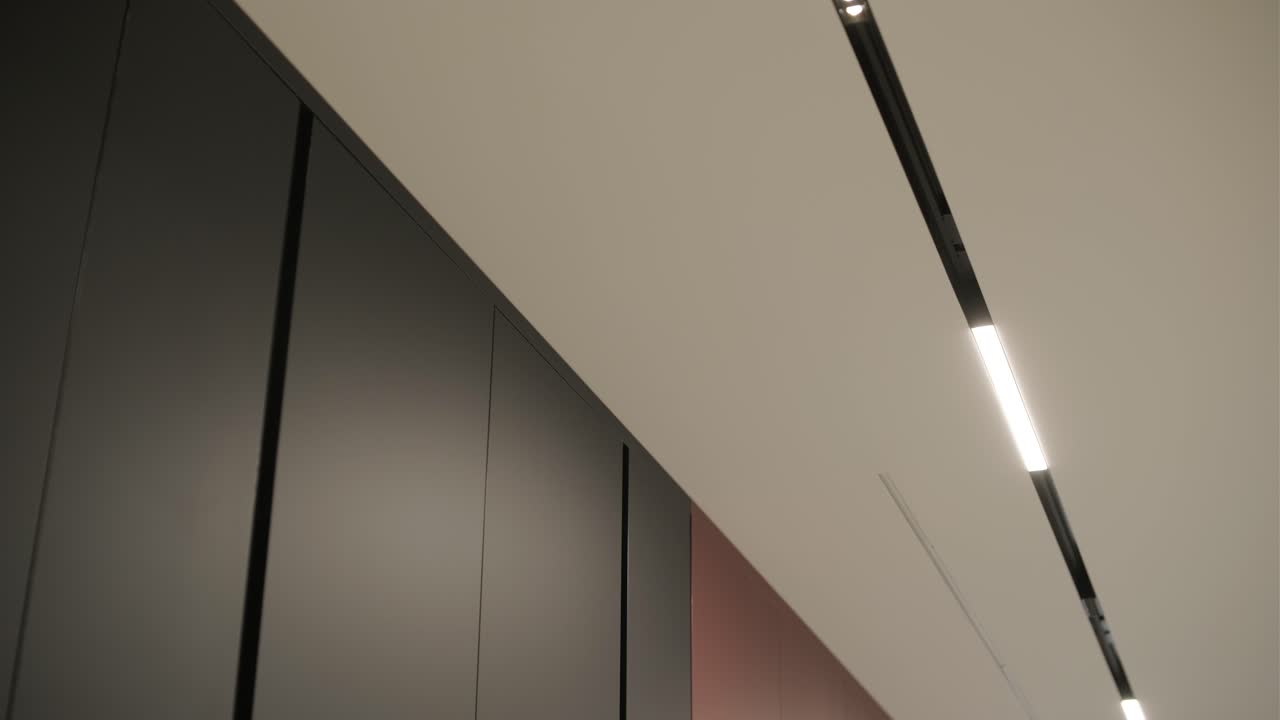 la imagen muestra una vista de cerca de un techo de pasillo moderno con iluminación de tiras de led elegante e incorporada y puertas minimalistas de color oscuro, evocando un diseño interior contemporáneo y elegante.