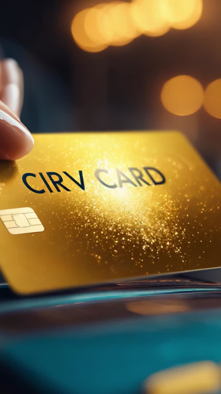 Um reluzente cartão dourado da Cirv, elegantemente posicionado contra um plano de fundo de luzes bokeh suaves, demonstrando conveniência financeira moderna e design elegante