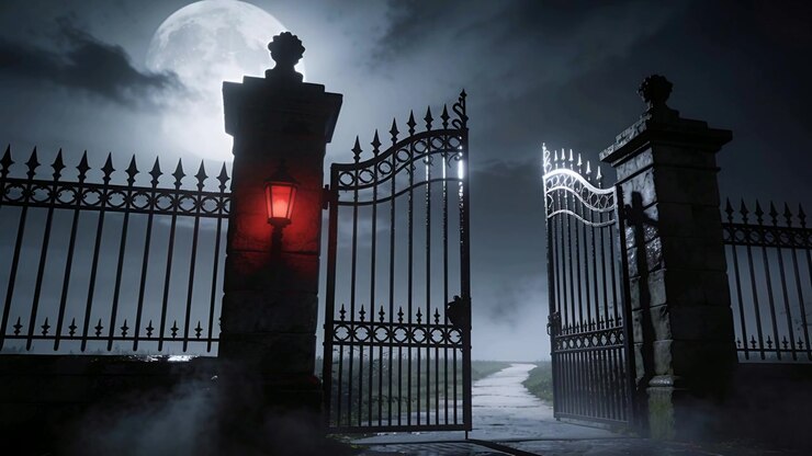 Swinging wrought-iron double gate opening slowly at formal entrance, red lantern casting warm glow