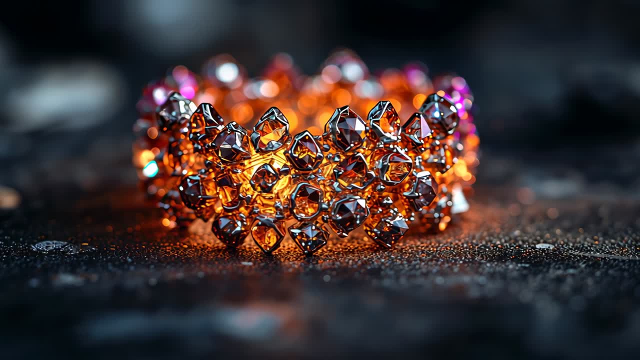 Brightening ornamental ring rotating on dark stone surface, pulsing amber light revealing facets